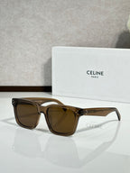 Celine glasses with tan and brown rectangular frames and brown tinted lenses