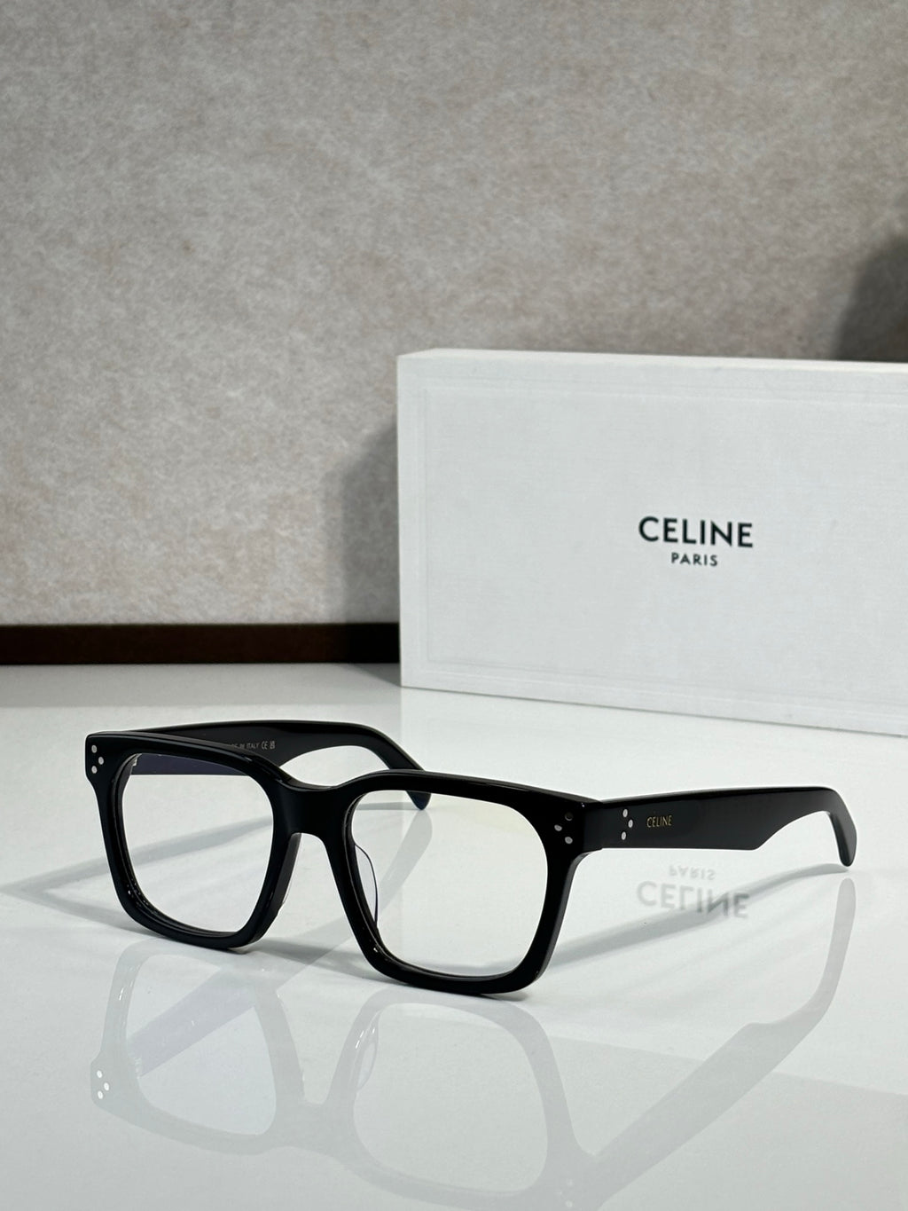 Celine eyeglasses with black rectangular frames and clear lenses