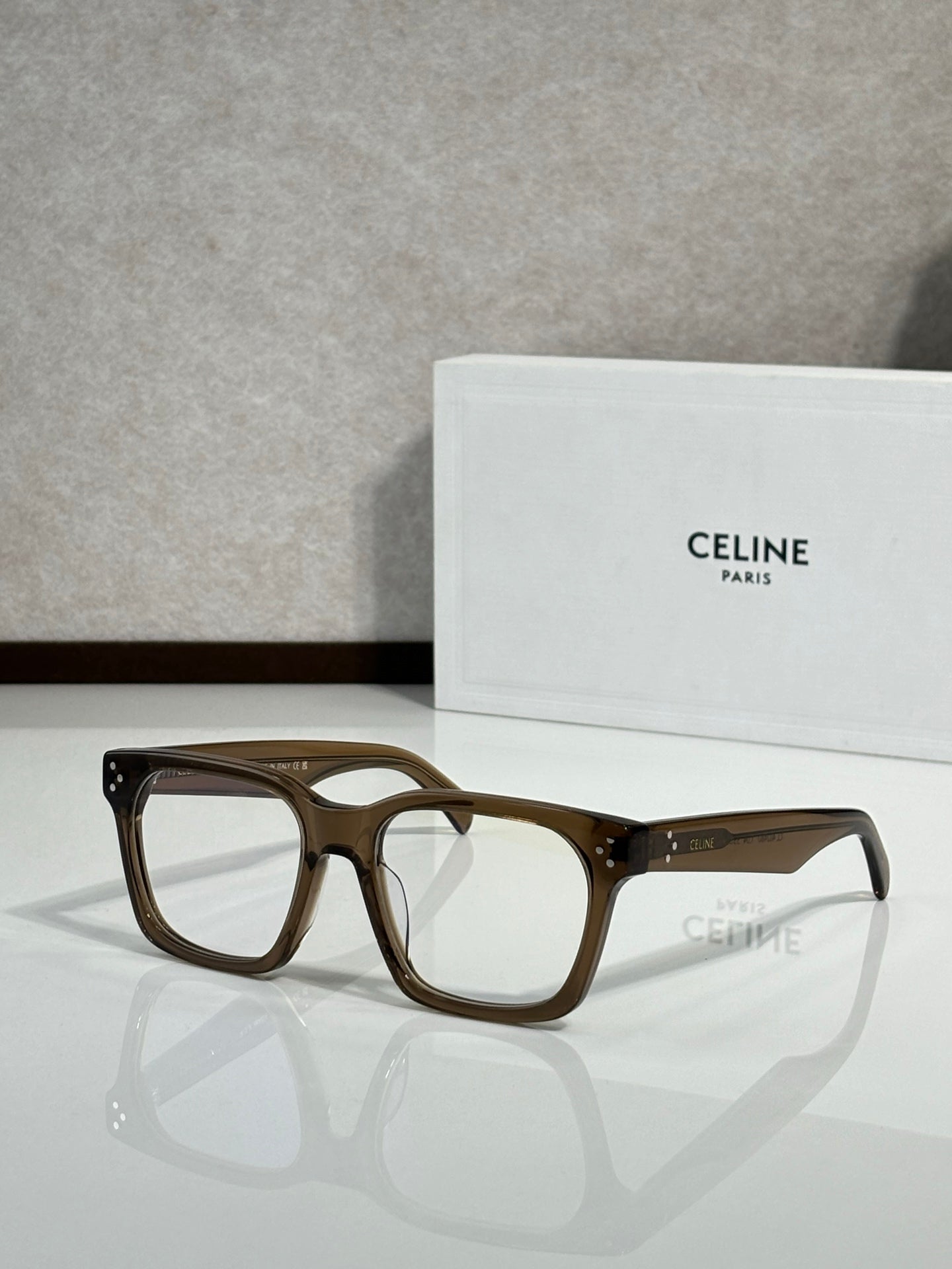 Celine eyeglasses with brown rectangular frames and clear lenses