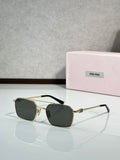 MiuMiu sunglasses, gold metal with dark green lenses and black temple tips