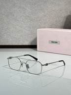 Silver-tone rectangular eyeglasses with clear lenses and metal temples