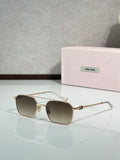 Gold-tone rectangular sunglasses with dark lenses and thin metal arms