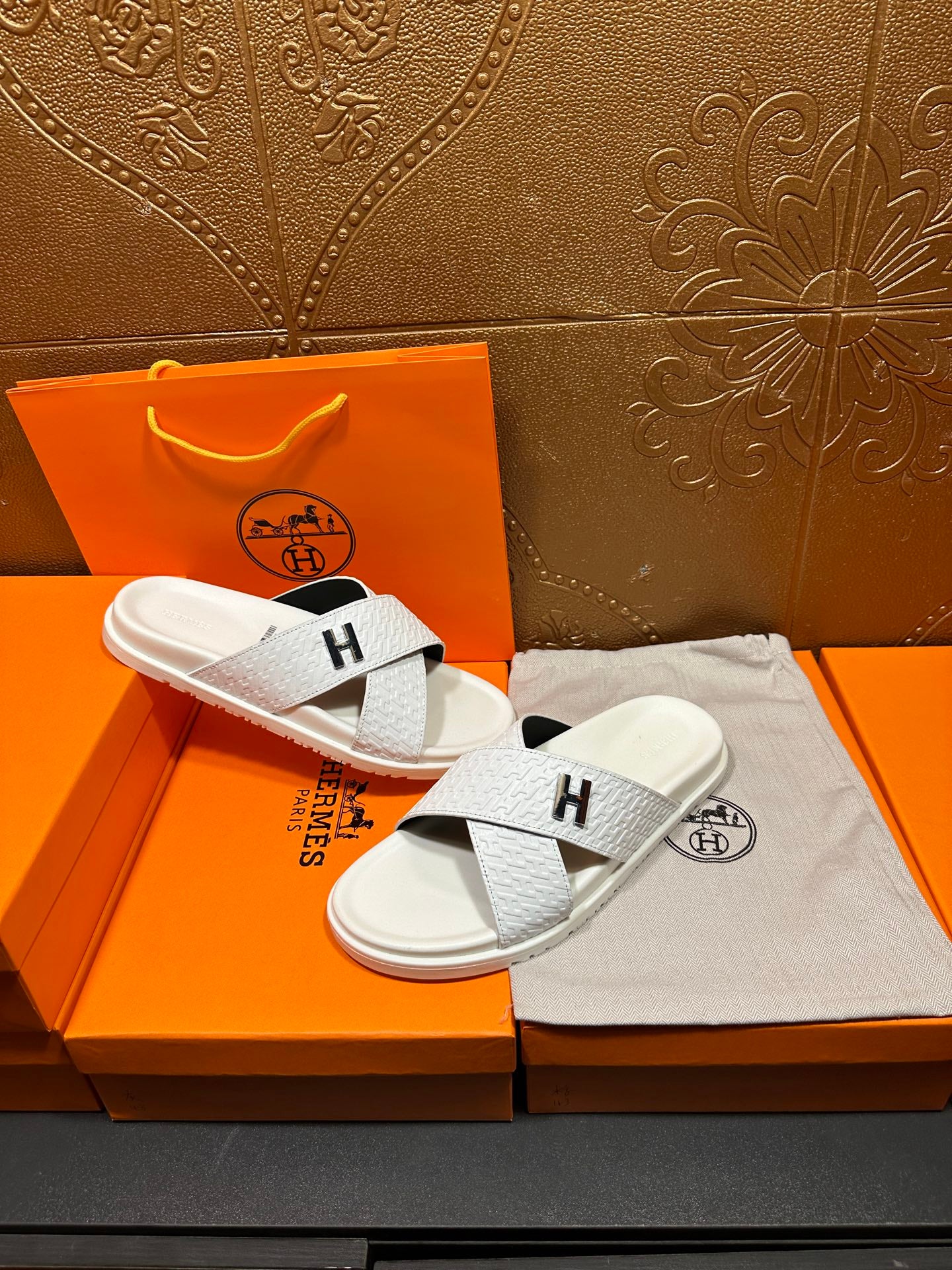 Hermes white leather slide sandals with black H logo straps and dust bag