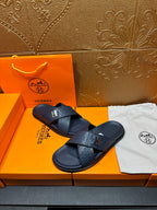 Navy textured slide sandals with H logo buckle and cross over straps