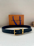 Louis Vuitton belt in dark blue leather with gold-tone rectangular buckle.