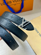 Dark blue leather belt with textured grain and silver LV buckle, side angle