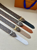 Leather belt set with LV buckle in dark blue, brown, beige, and light gray