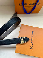 Dark blue leather belt with LV buckle and monogram trim, angled view