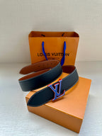 Leather belt set: dark blue and tan belts with LV monogram buckles