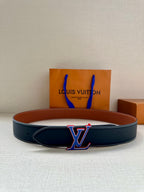 Dark blue leather belt with LV monogram buckle and stitched edge, flat style