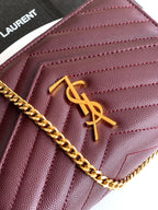 Burgundy textured leather bag with gold YSL monogram detail and chain