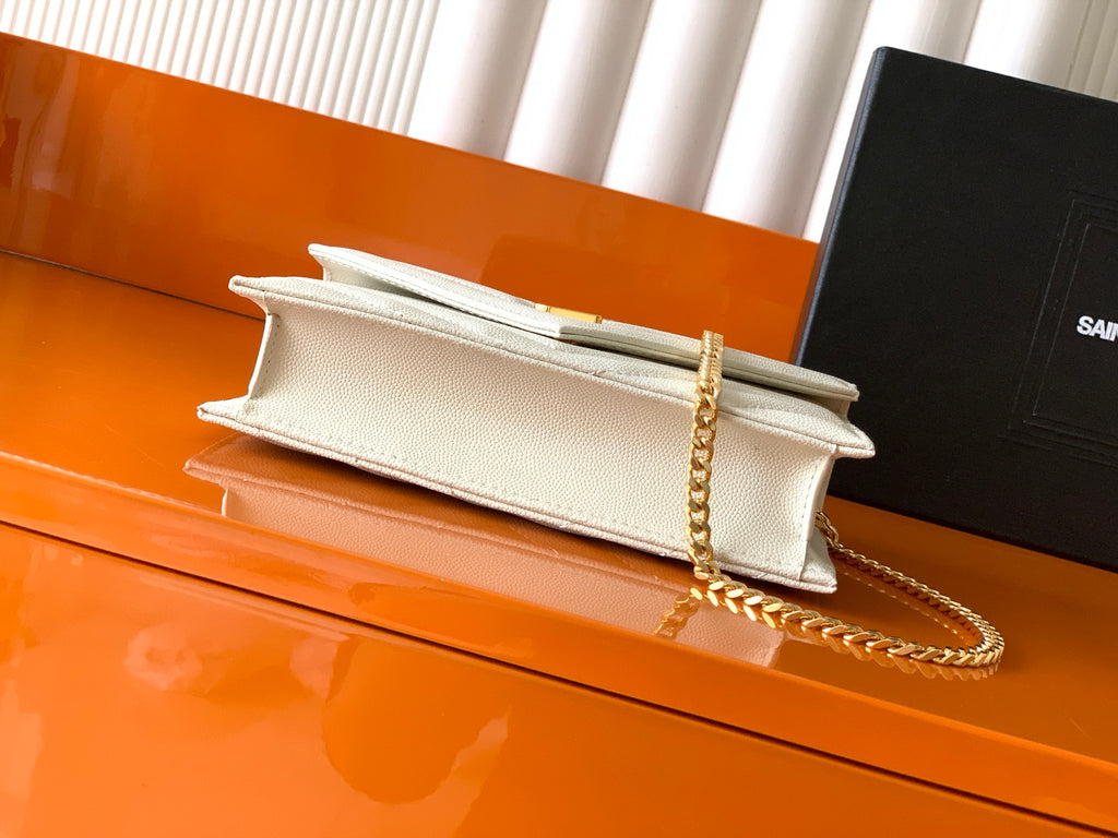 YSL white flap shoulder bag with gold chain strap and top edge detail