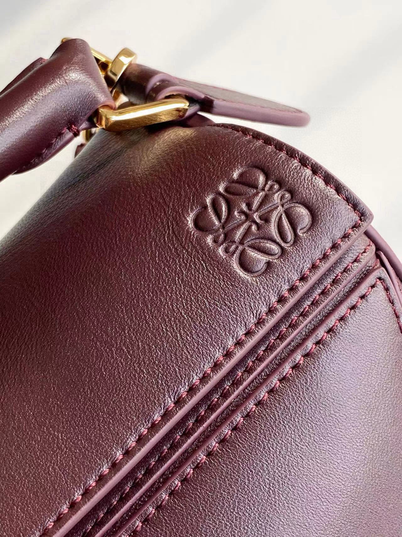 Loewe maroon leather bag detail with embossed logo and decorative stitched panel