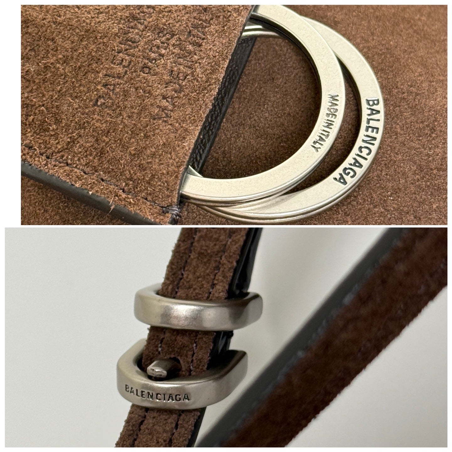 Balenciaga strap detail with silver ring hardware and printed webbing on brown suede.