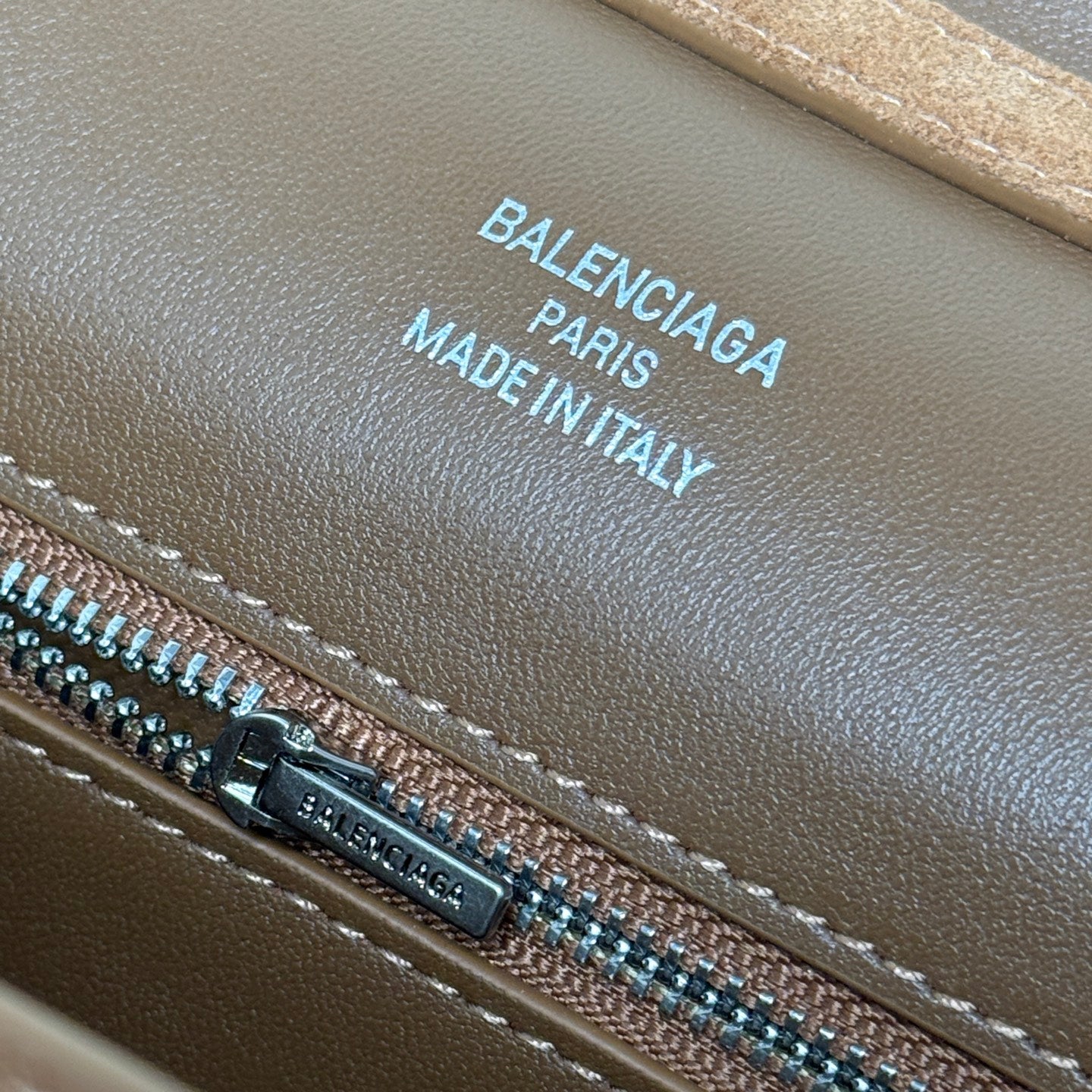 Balenciaga suede bag with printed logo label and zipper pull, brown
