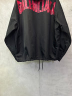 Black hooded jacket with red printed logo across upper back and drawstrings