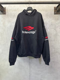 Black hoodie with Balenciaga logo and red emblem, front pocket, ribbed cuffs