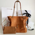 YSL chain-strap suede tote bag in tan with top handles and front YSL logo