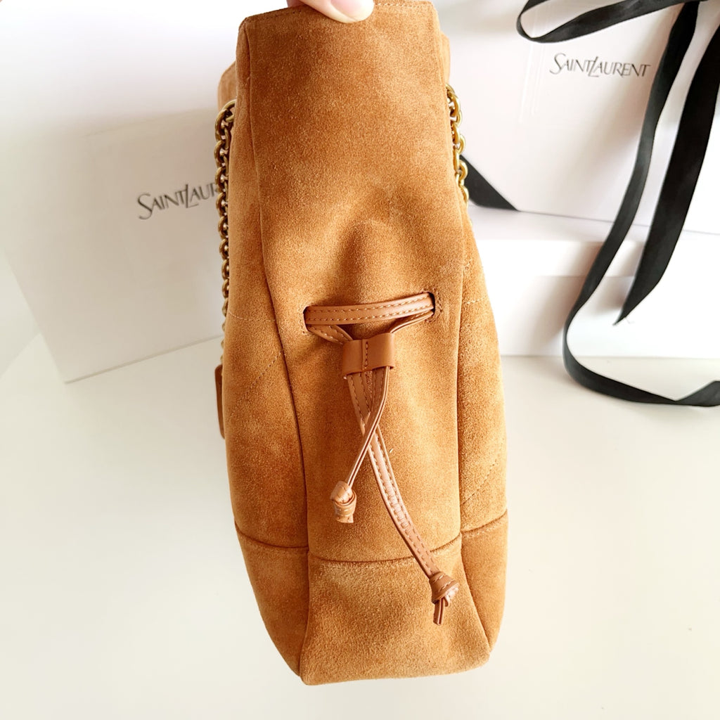 YSL suede mini bag with chain handle, tan, featuring a front strap pocket