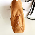 YSL suede mini bag with chain handle, tan, featuring a front strap pocket