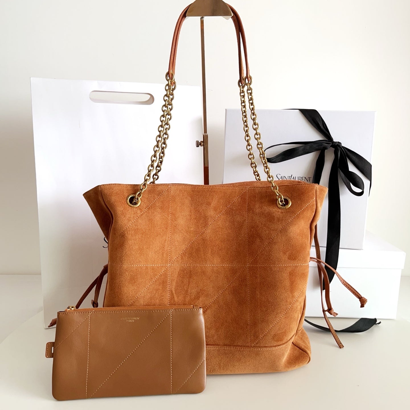 YSL suede tote bag with chain handles and tan leather side accents, with pouch