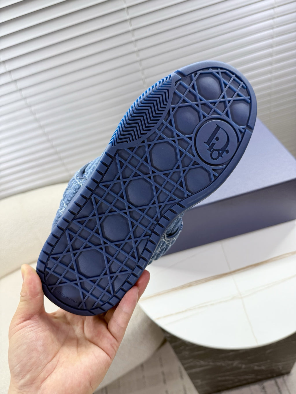 Blue unisex Dior sneakers, treaded outsole with geometric pattern