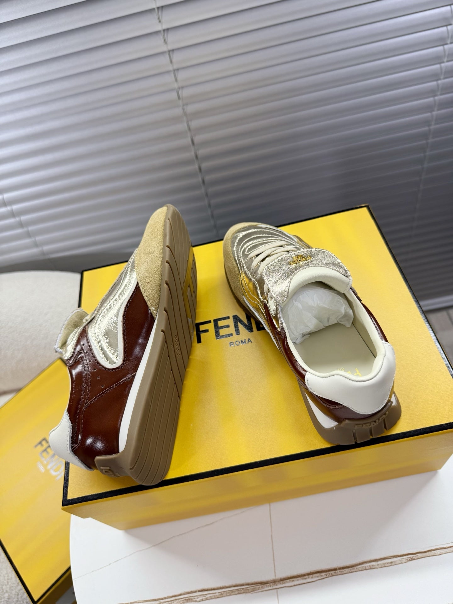 Fendi unisex luxury sneakers, brown and metallic silver lace-up with chunky sole