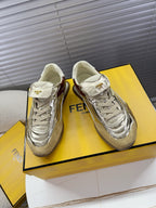 Fendi unisex luxury sneakers, metallic silver uppers with lace-up detail
