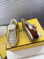 Fendi unisex luxury sneakers pair, metallic silver and brown leather side panels