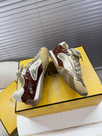 Fendi unisex luxury sneakers, metallic silver and brown leather with logo strap