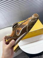 Brown lace-up low-top sneakers close-up side view with Fendi Roma label