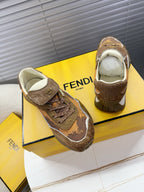 Brown lace-up low-top sneakers pair with cream interior and white side accents