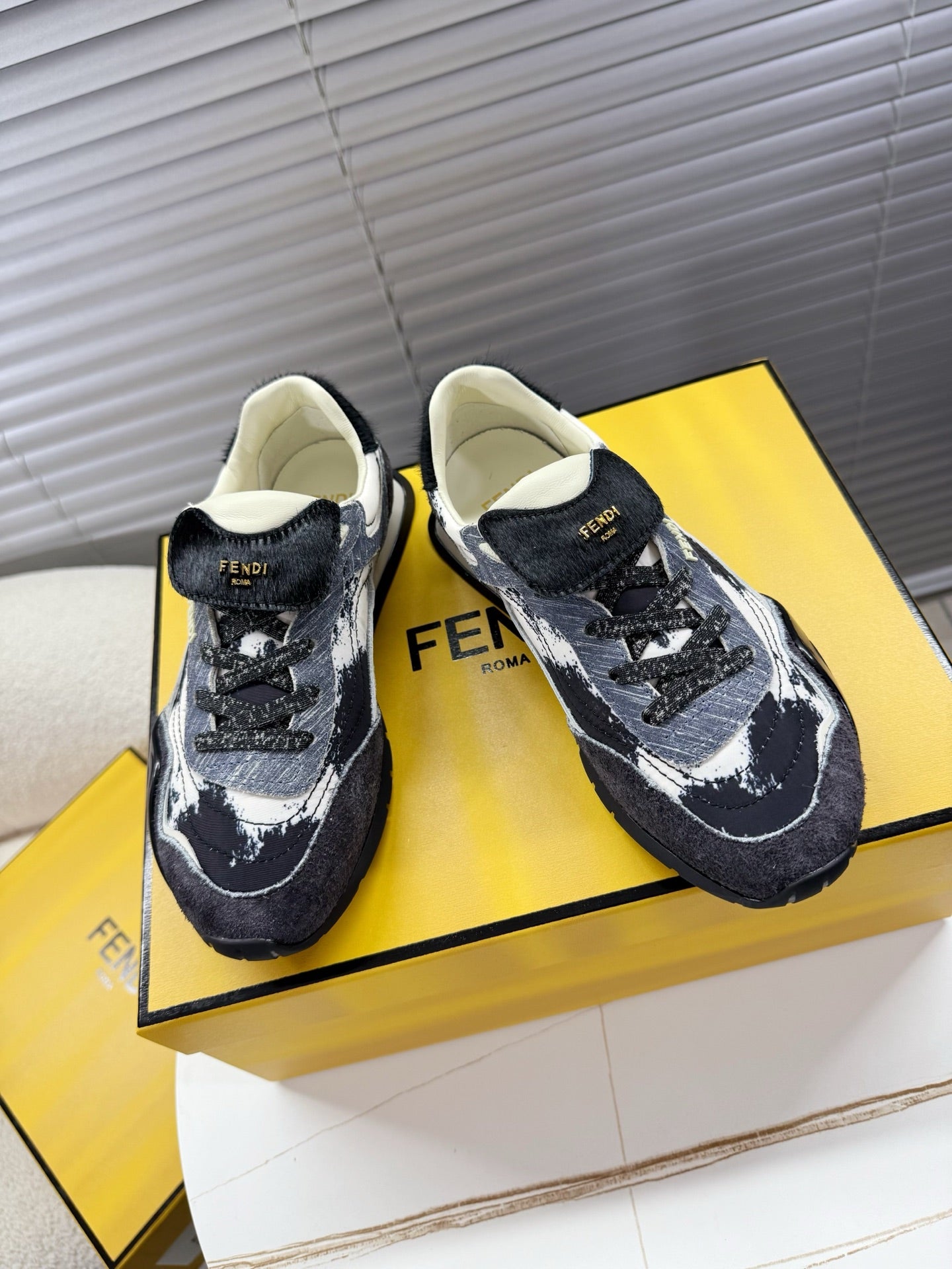 Fendi unisex low-top sneakers, dark denim with white speckled overlay and laces