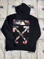Black pullover hoodie with large back graphic print and hood