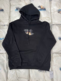 Black pullover hoodie with adjustable drawstring hood and small chest graphic logo