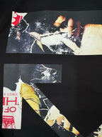 Off-White black hoodie graphic close-up with white-red shapes and Off-White mark