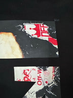 Black hoodie back print detail with red graphic blocks and Off-White text