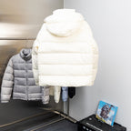 Moncler long puffer jacket in white, back view with attached hood