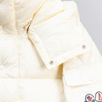 Moncler white puffer jacket sleeve detail with snap cuff and stitching