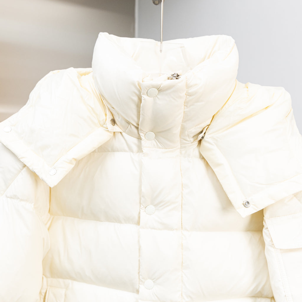 Moncler white puffer jacket with snap buttons and wide hood