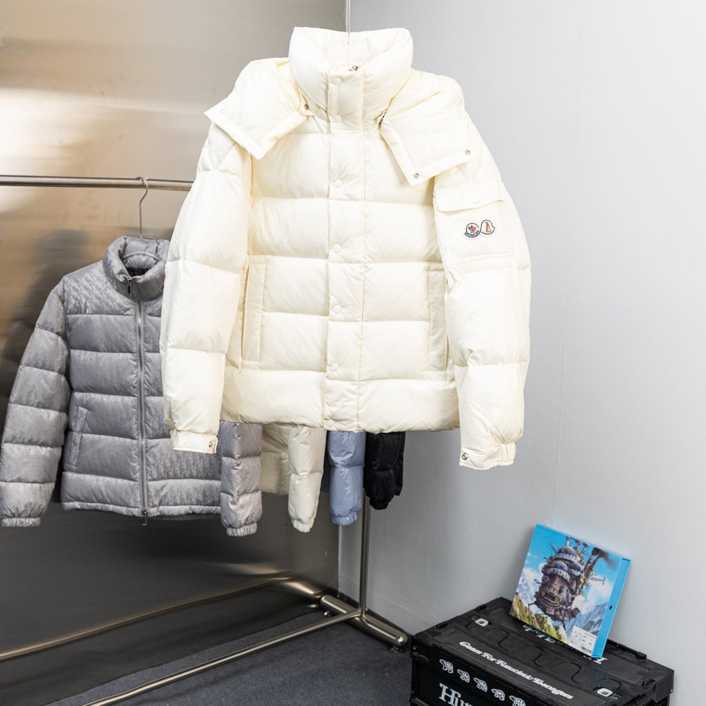 Moncler long puffer jacket in white with hood and front button closure