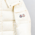 Moncler white puffer jacket with logo patches on the upper sleeve