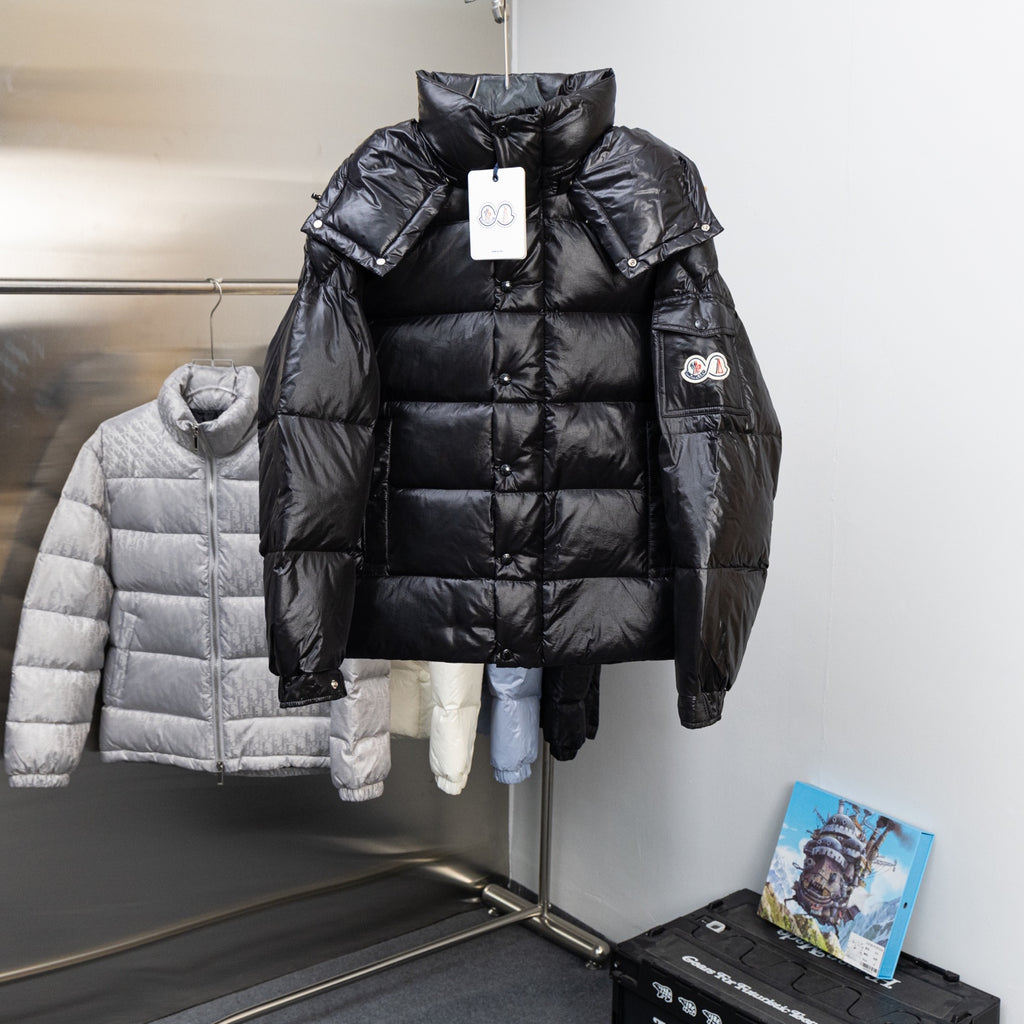 Moncler dark puffer jacket with stand collar and full-zip front