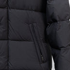 Moncler black puffer coat with side zip pocket and quilted panel