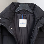 Moncler black puffer coat lining at chest with logo patch