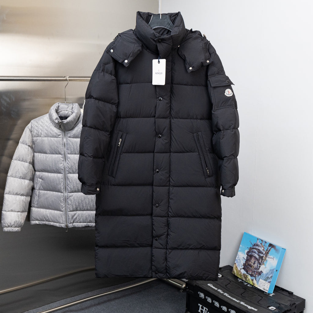 Moncler long black puffer coat with hood and snap pockets