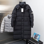 Moncler long black puffer coat with hood and snap pockets