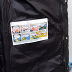 Black long puffer jacket lining with multicolor graphic patch
