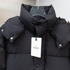 Moncler black hooded puffer coat with snap button placket and white size tag