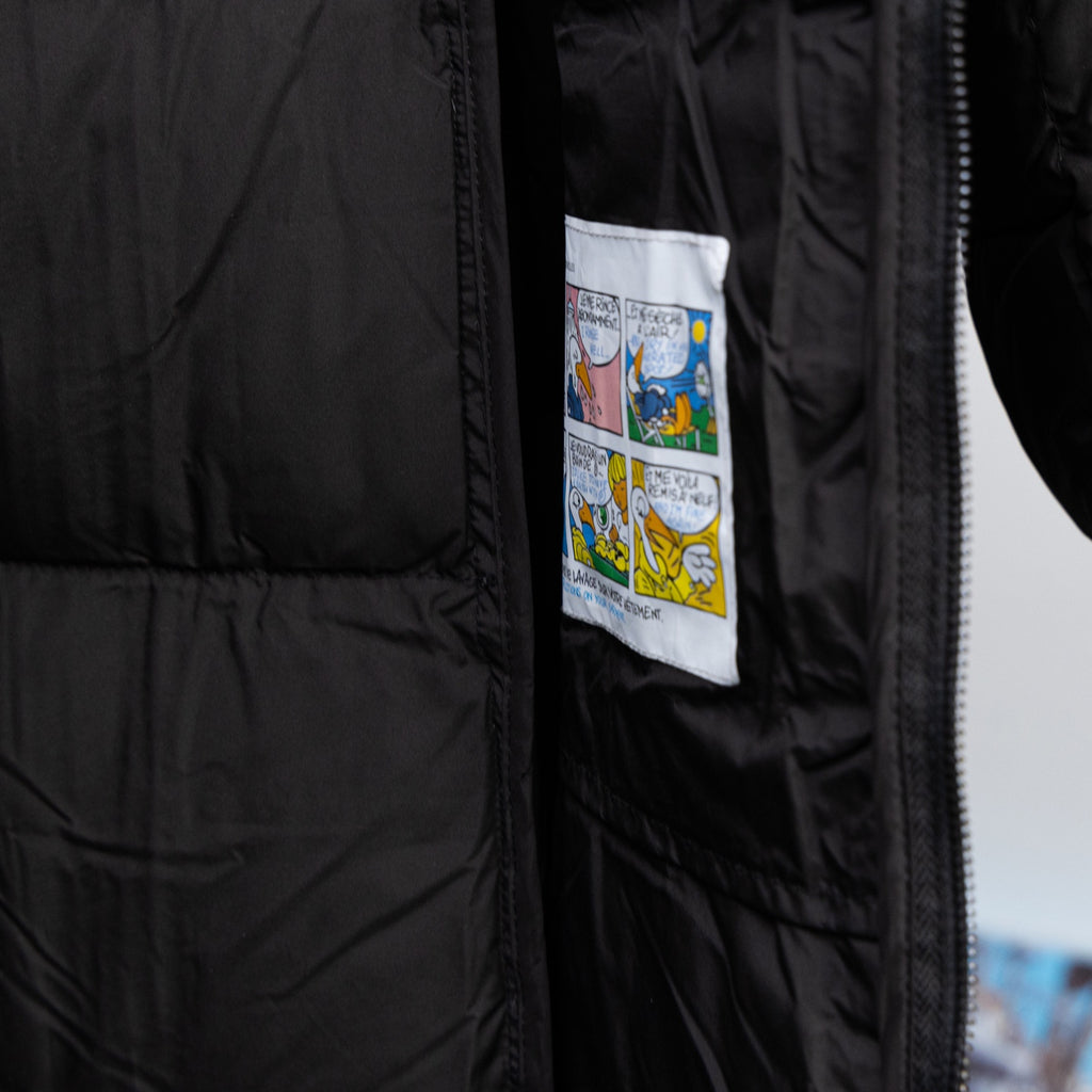 Moncler long puffer coat, black with graphic interior label and front zipper